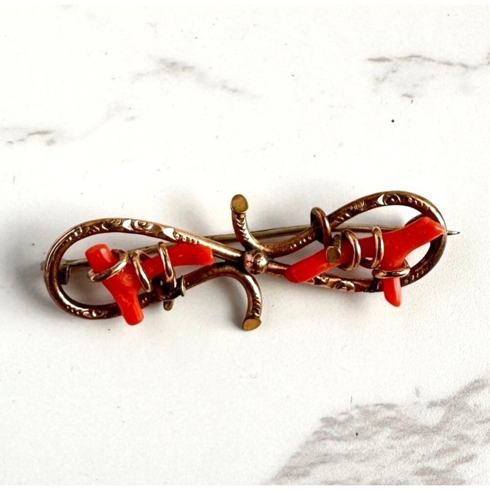 Antique Victorian Brooch, Red Coral Branches, Gold Filled Ornate Pin, 1800s